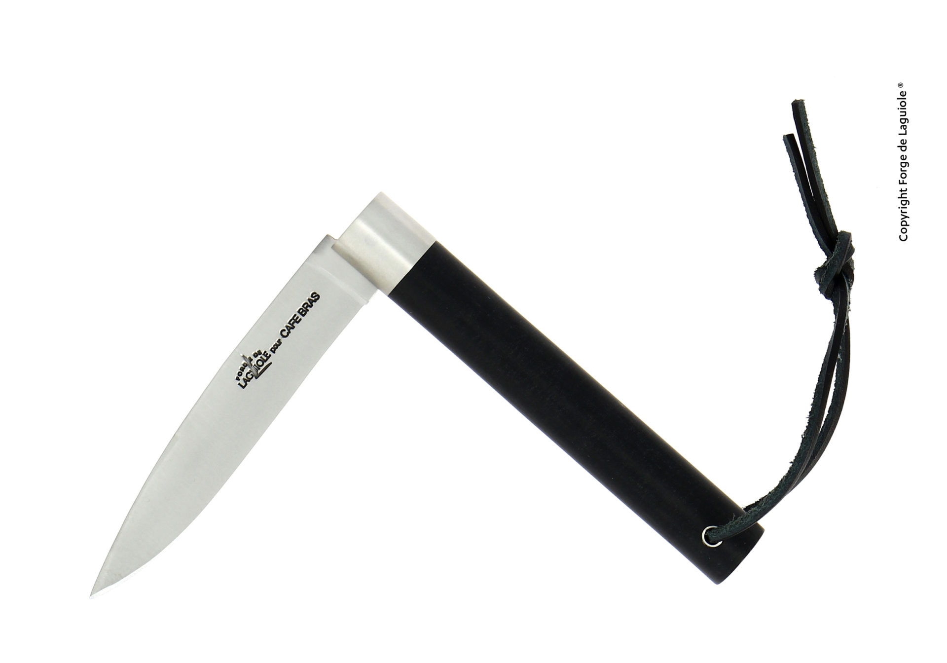 Klappmesser Laguiole by CAVE-BRAS mit Edelstahlklinge, schwarzem Griff und Lederschlaufe, geöffnet