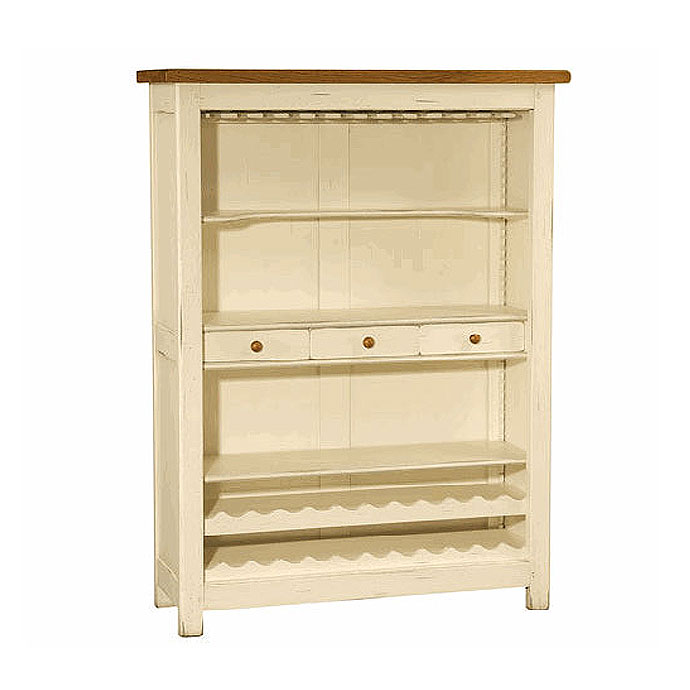 Regal im Landhausstil aus cremeweißem Holz mit drei kleinen Schubladen und integrierter Weinablage, ideal für Küche oder Esszimmer