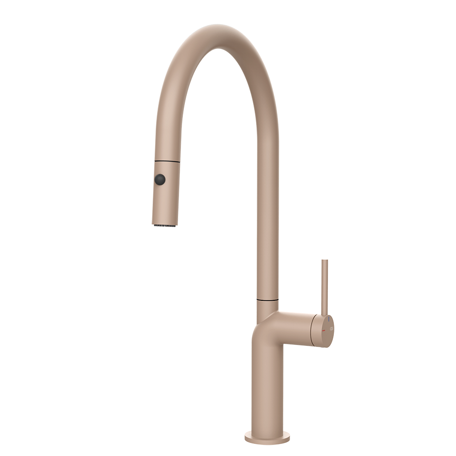 Hohe Küchenarmatur beige, schwenkbar, mit Ausziehbrause