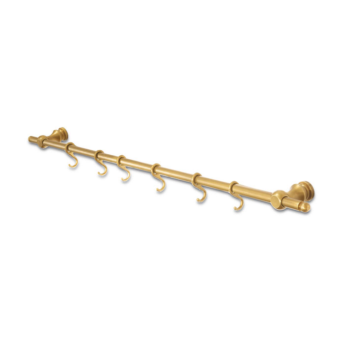 Goldene Küchenreling aus Messing mit sieben Haken zur Wandmontage, ideal zum Aufhängen von Küchenzubehör
