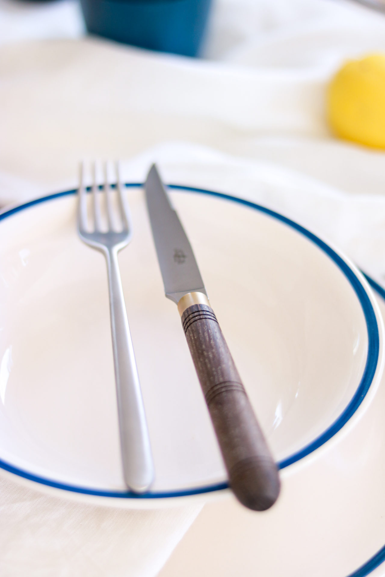 Weißer Teller mit blauem Rand, darauf eine silberne Gabel und ein Messer mit braunem Holzgriff auf einem hellen Tischtuch