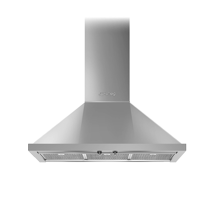 Smeg Dunstabzugshaube aus Edelstahl, frontal abgebildet, geeignet für moderne Küchen