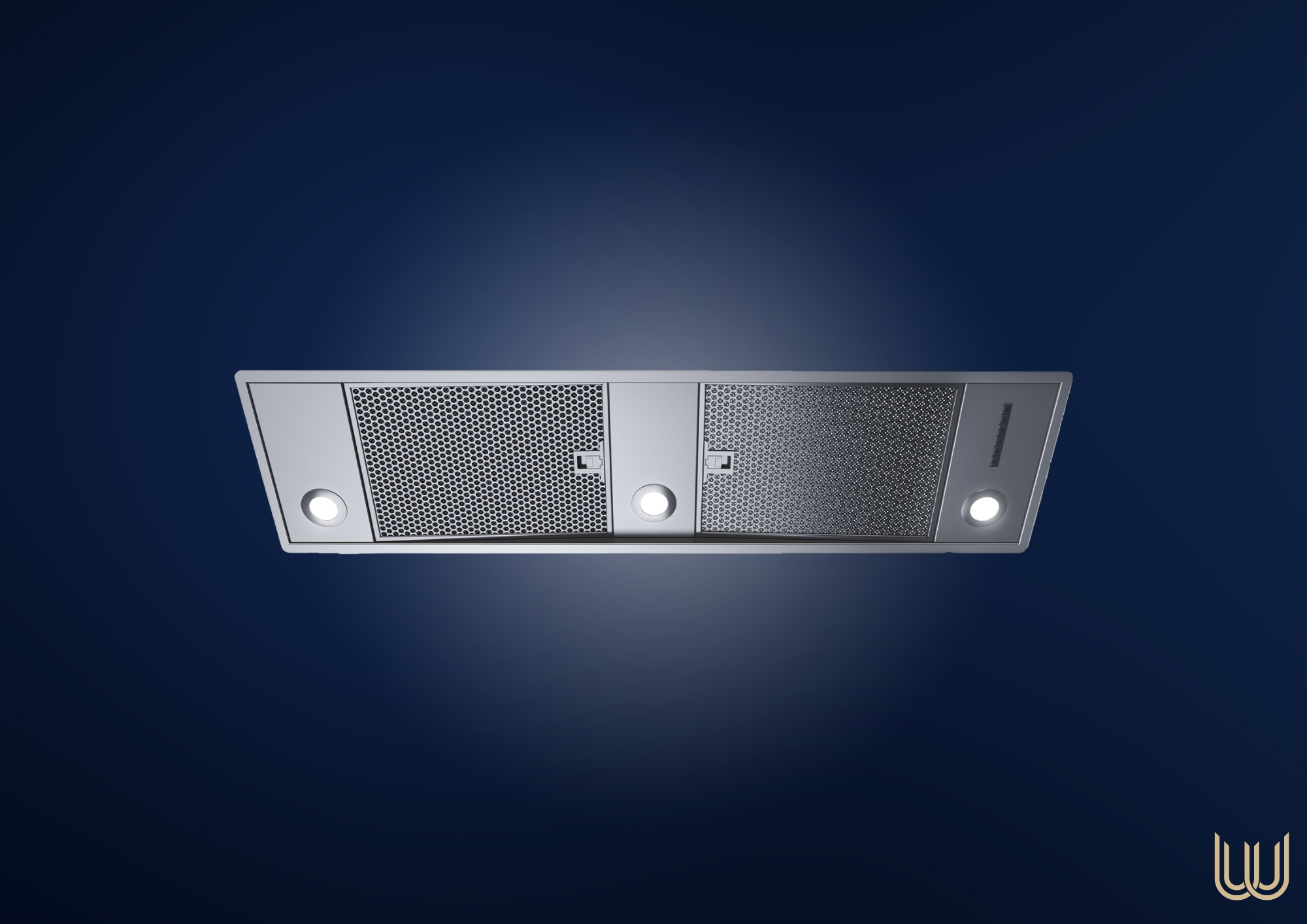 Einbau-Dunstabzugshaube in Edelstahl-Optik mit integriertem LED-Licht und Metall-Fettfiltern, geeignet für moderne Küchen