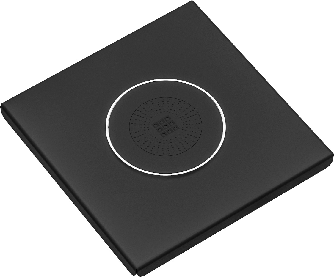 Schwarze, quadratische, kabellose Ladestation mit rundem Ladebereich, geeignet für Qi-kompatible Smartphones
