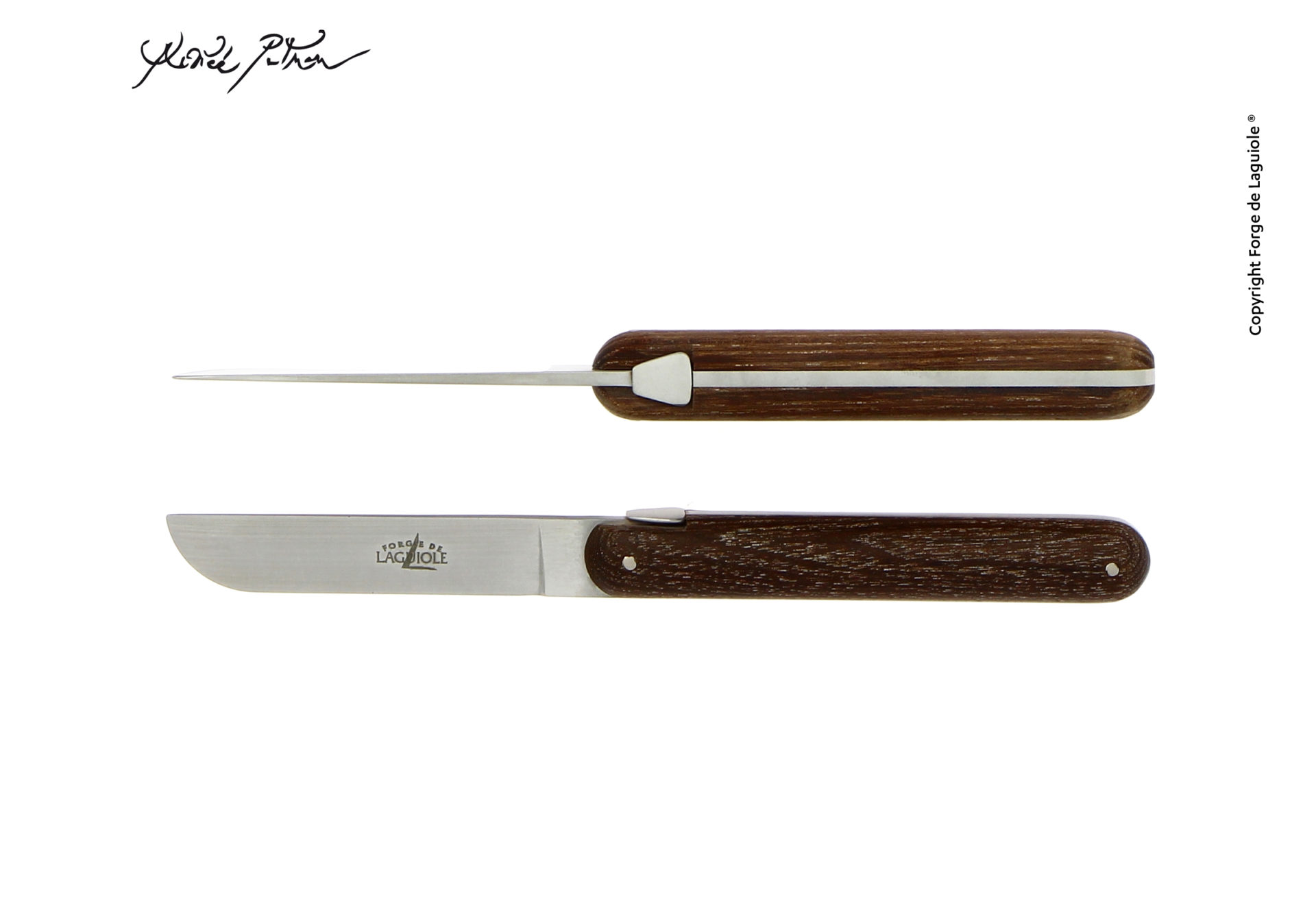 Klappmesser von Forge de Laguiole mit braunem Holzgriff und Edelstahlklinge, gezeigt aus Seiten- und Aufsicht