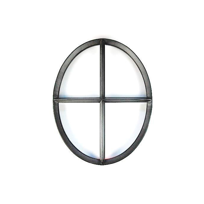 Schwarzes, ovales Fensterkreuz aus Metall mit vier Segmenten, geeignet als Wanddeko