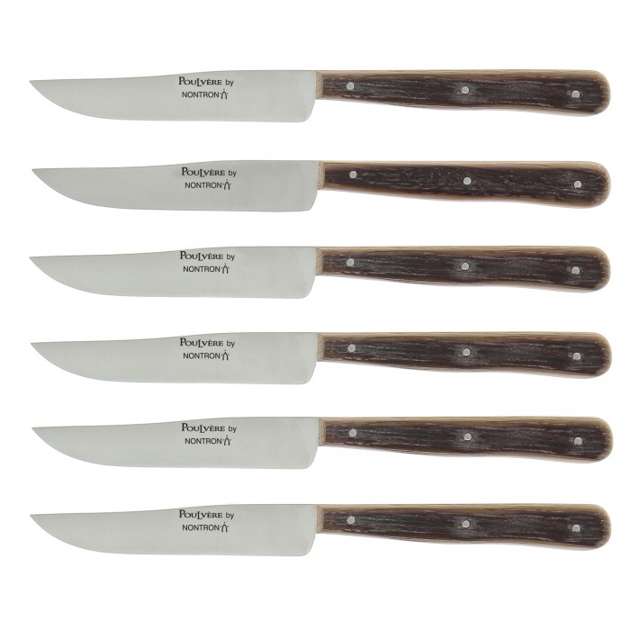 Sechs Steakmesser NONTRON Poulvère mit Holzgriff nebeneinander, klassische Form, traditionelle französische Handarbeit