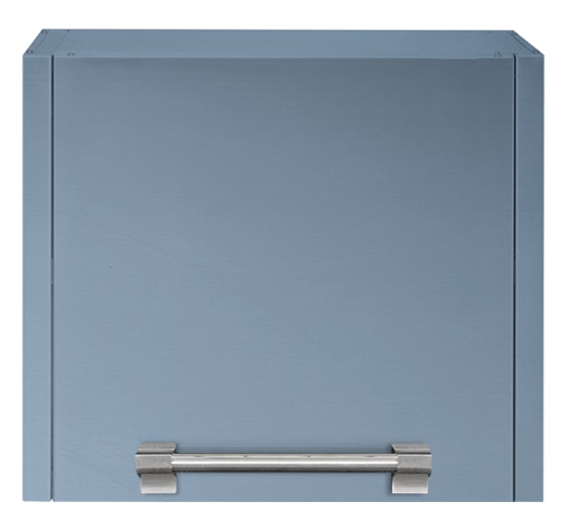 Blauer Küchenschrank mit Metallgriff, schlichte Frontansicht, modernes Design