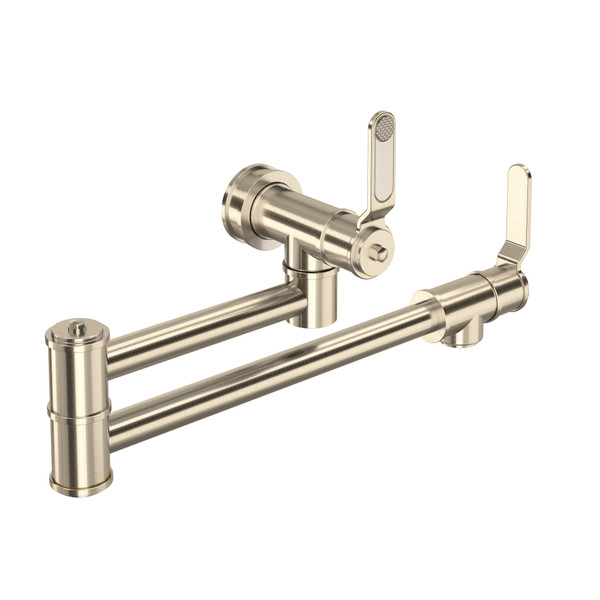Wandmontierte Topffüller-Küchenarmatur mit zwei Gelenkarmen und zwei Hebeln, aus gebürstetem Nickel, platzsparend schwenkbar für Herd und Kochfeld