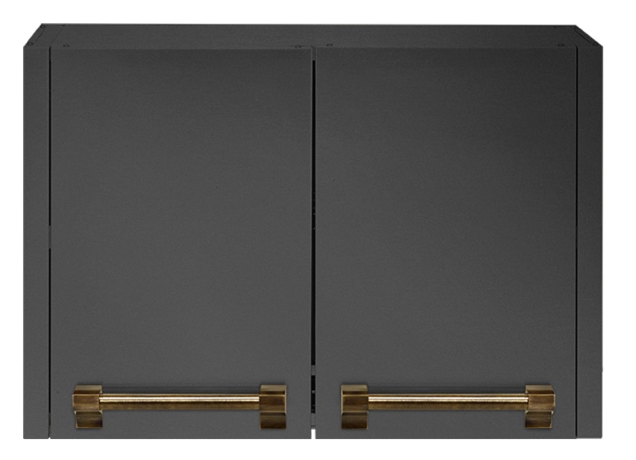 Schwarzer Hängeschrank mit zwei Türen und goldenen Griffen, modern und elegant für Küche oder Bad