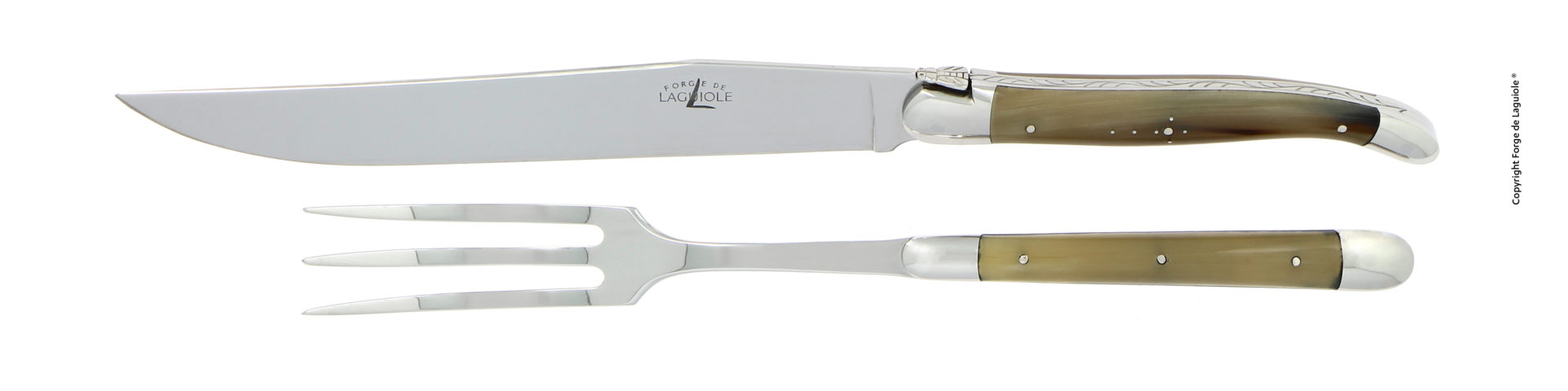 Tranchierbesteck Set von Laguiole bestehend aus Messer und Gabel mit poliertem Horngriff und Edelstahlklingen