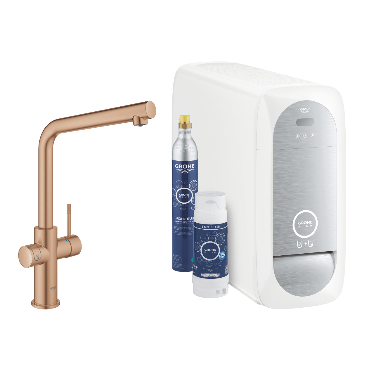 GROHE Blue Home Starter Set bestehend aus einer roségoldfarbenen Küchenarmatur, Filterkartusche, CO2-Flasche und moderner Kühleinheit