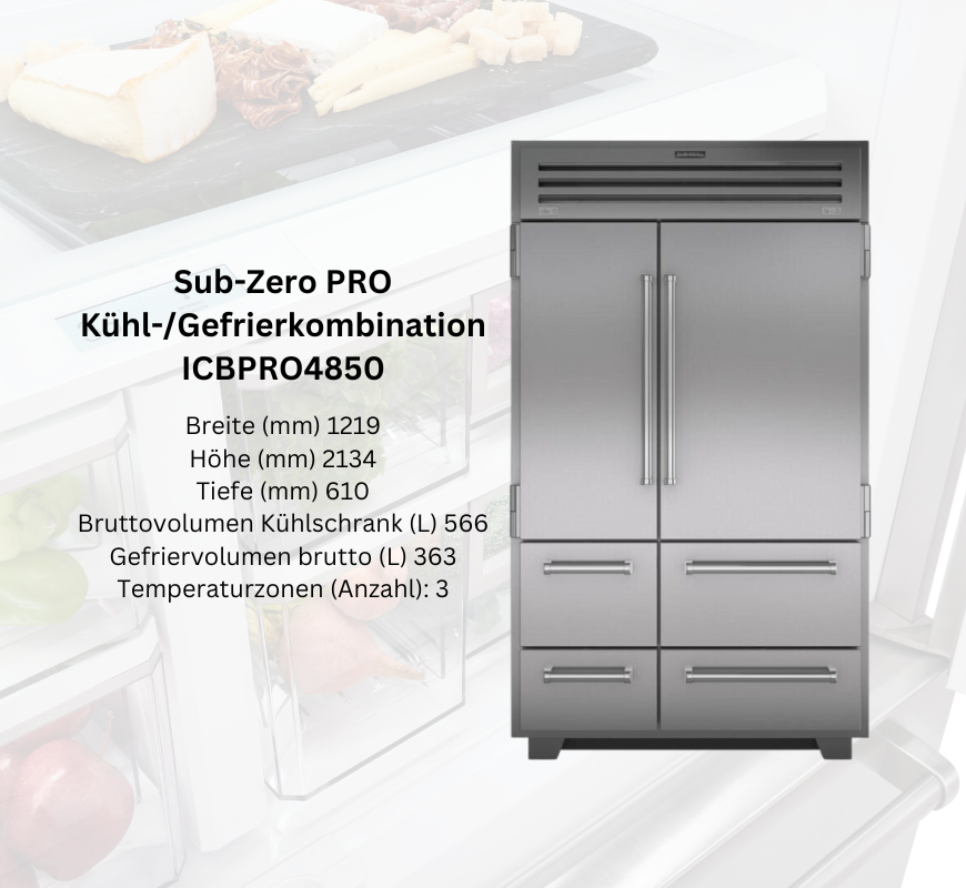 Sub-Zero PRO ICBPRO4850 Kühl-/Gefrierkombination aus Edelstahl mit vier Türen und drei Temperaturzonen, Gesamtvolumen 929 Liter