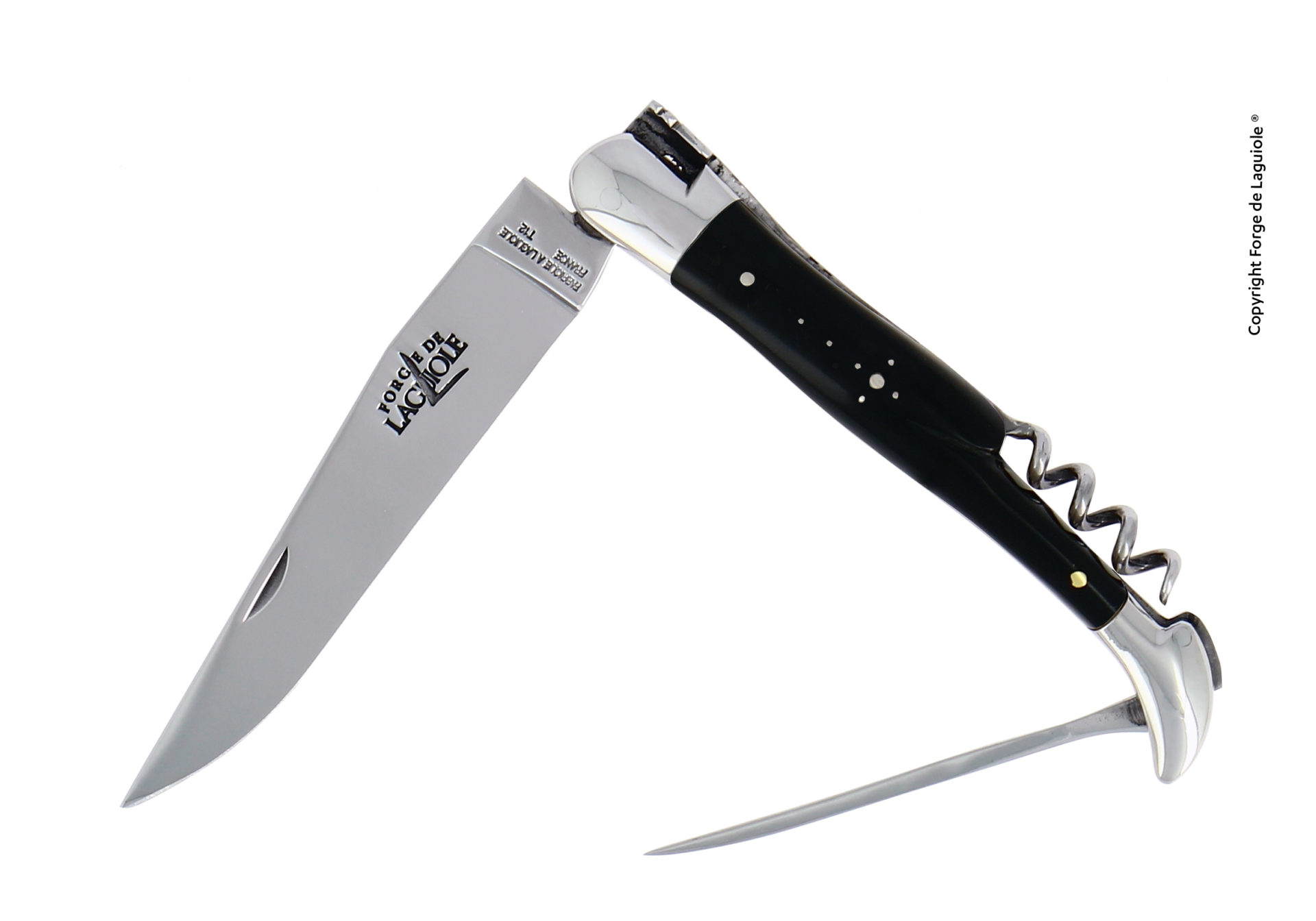 Edles Laguiole Taschenmesser aus Frankreich mit schwarzem Griff, scharfer Edelstahlklinge, Korkenzieher und Dorn, aufgeklappt