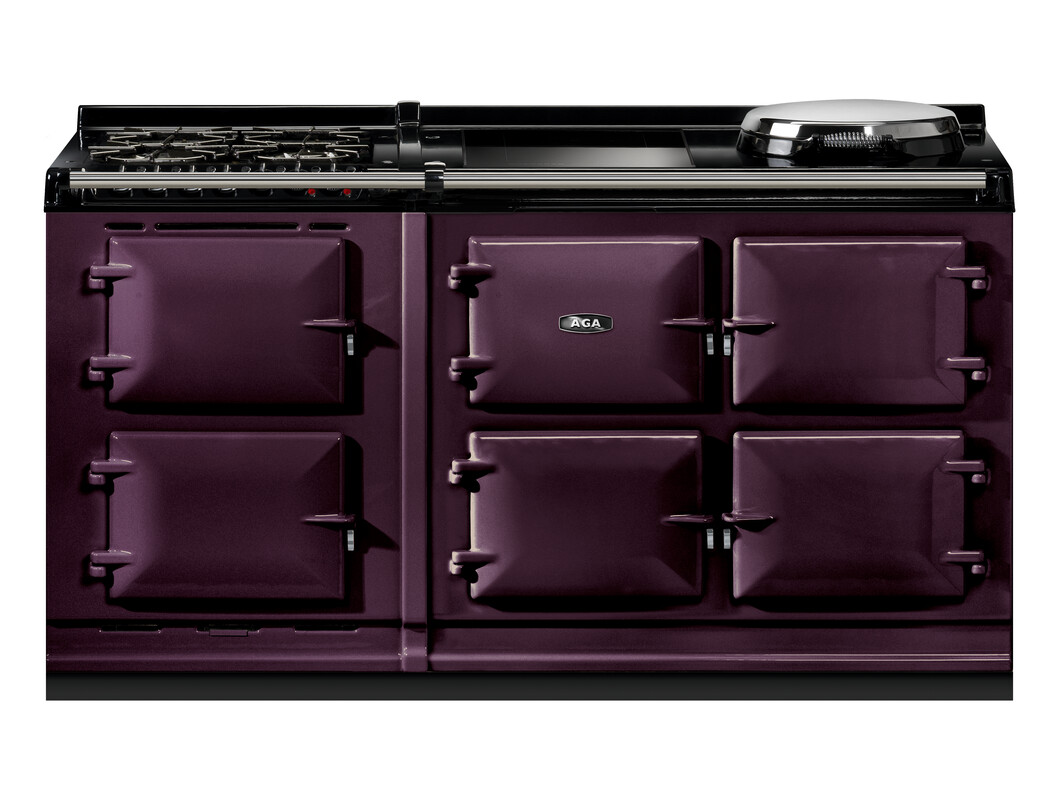Klassischer AGA Standherd in Aubergine mit sechs Backofenfächern und Gas-Kochfeld, ideal für große Küchen
