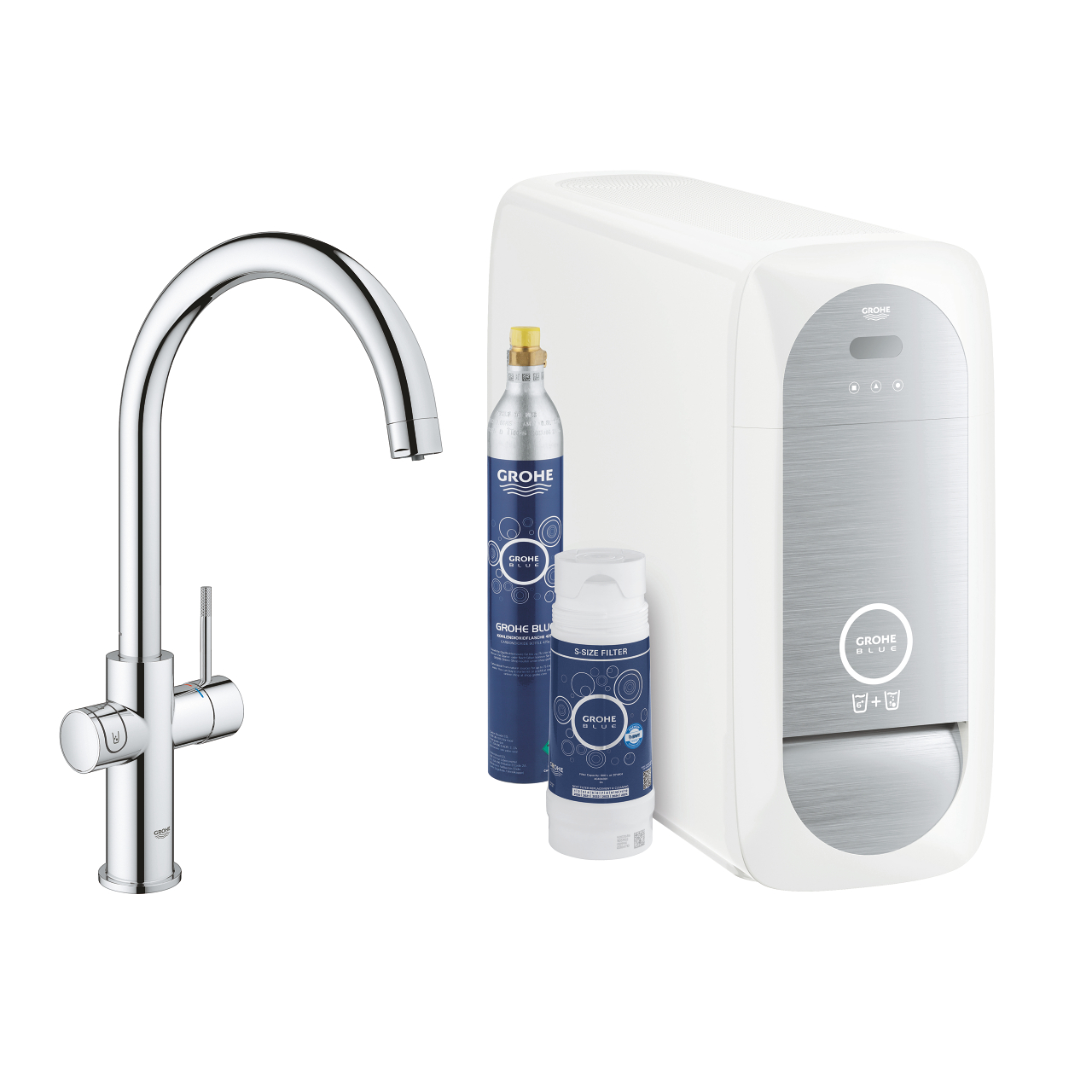 GROHE Blue Home Wassersystem mit Armatur, Kühler, CO2-Flasche und Wasserfilter für gefiltertes und gekühltes Trinkwasser