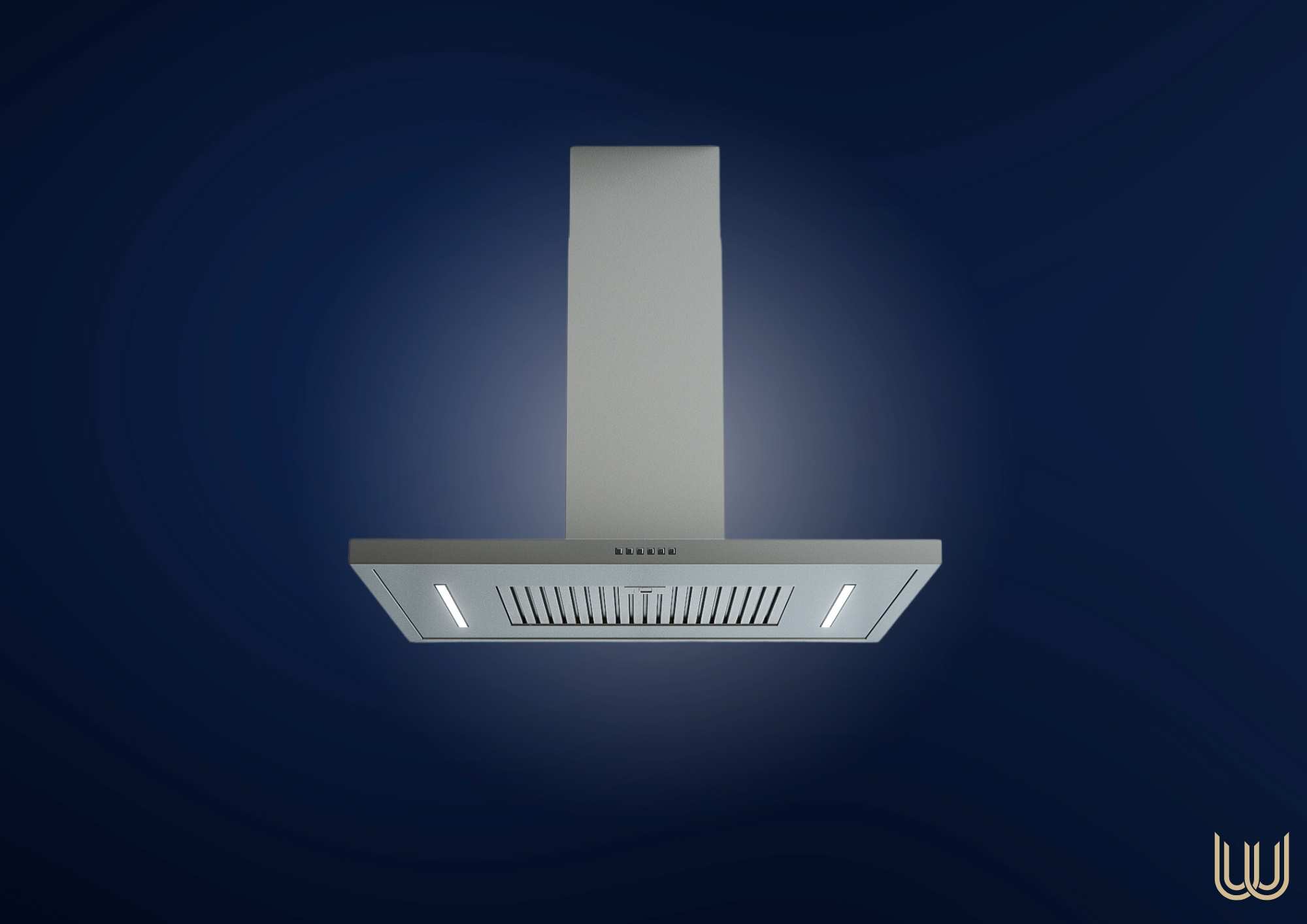 Dunstabzugshaube aus Edelstahl mit eingebauten LEDs, vor blauem Hintergrund, für moderne Küchen geeignet