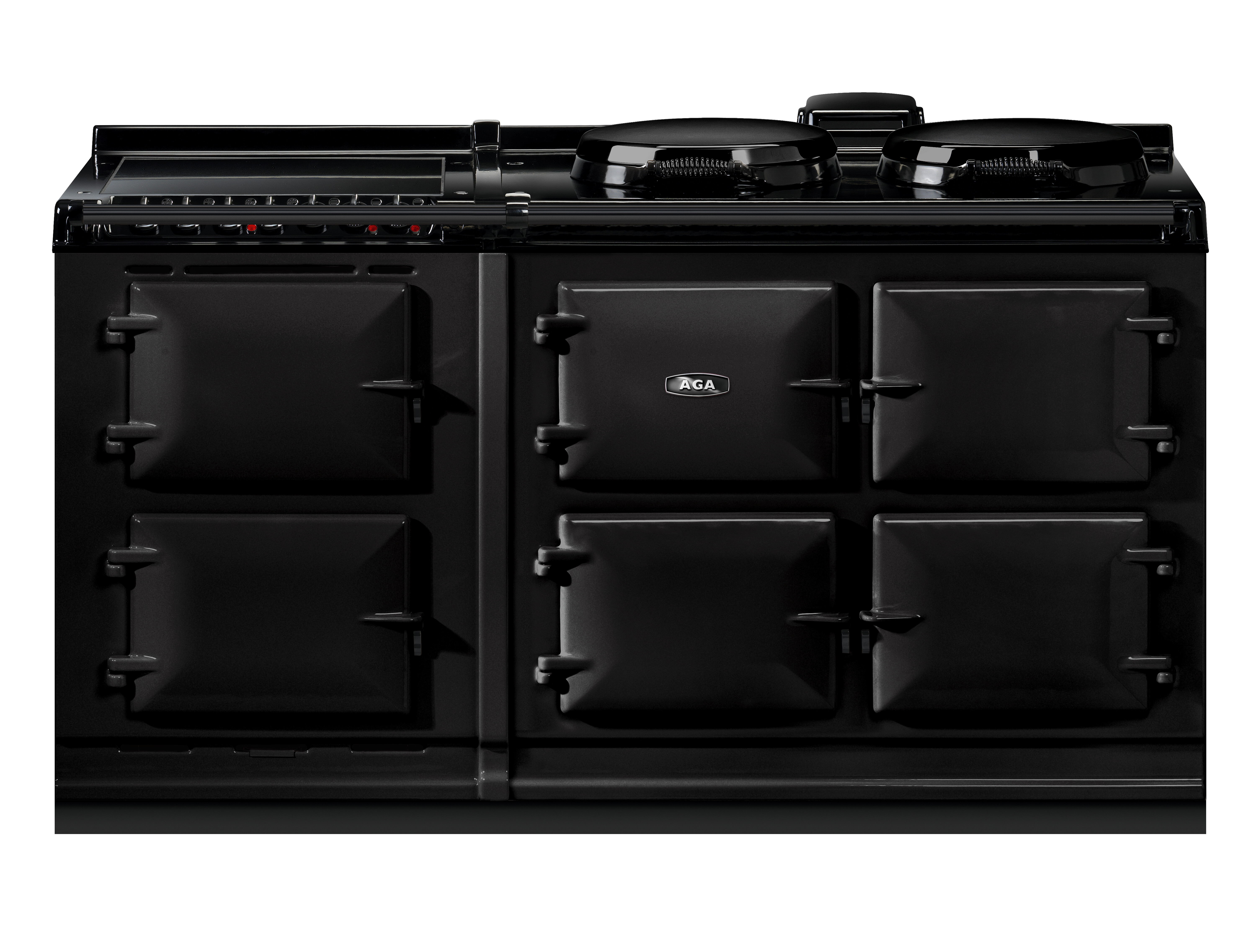 AGA-Herd in Schwarz mit vier Backofentüren und zwei Kochplatten, ideal für traditionelle Küchen