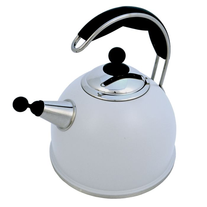 Weißer Wasserkessel aus Edelstahl mit schwarzem Griff und Pfeifausguss, ideal für die Küche