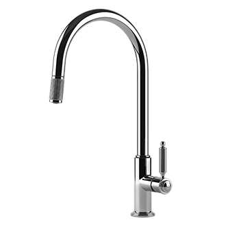 Küchenarmatur aus Chrom mit hohem, gebogenem Auslauf und seitlichem Hebel