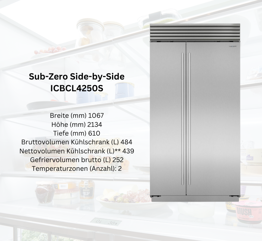 Sub-Zero Side-by-Side Kühlschrank ICBC L4250S aus Edelstahl mit zwei Türen und technischen Angaben zu Maßen und Volumen