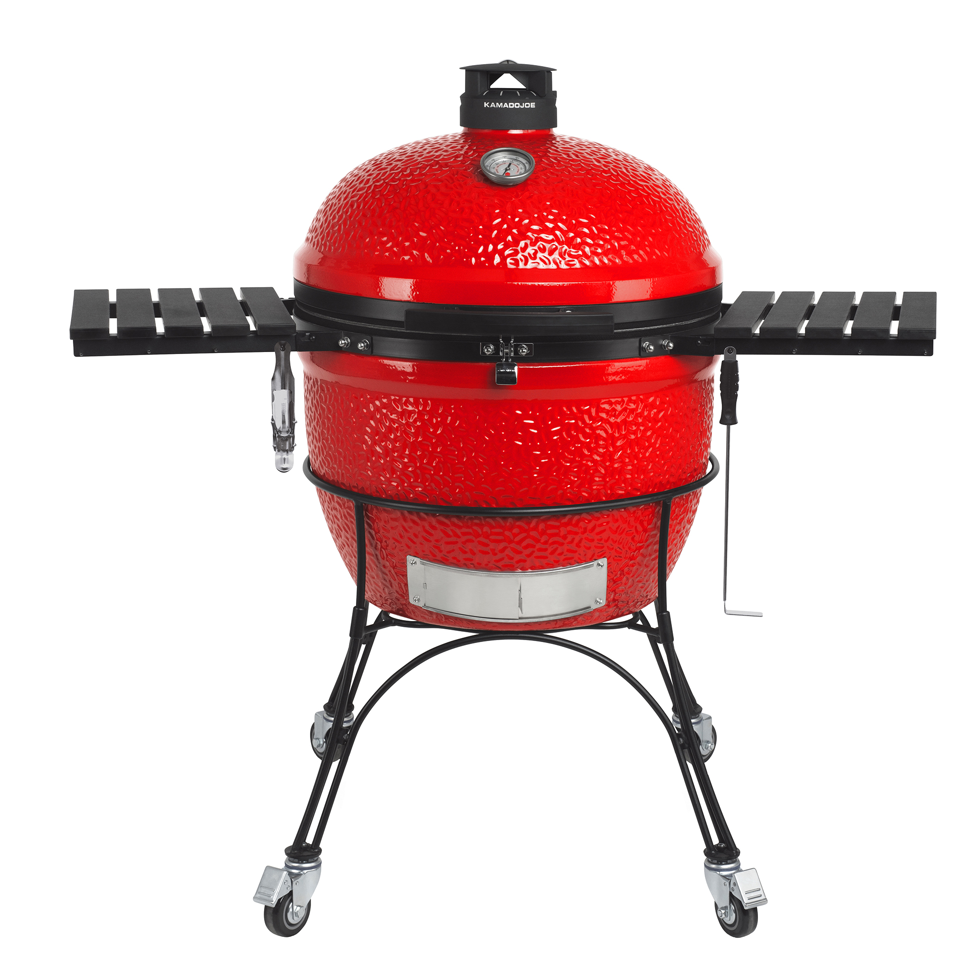 Roter Kamado Joe Keramikgrill auf Gestell mit Rollen, Seitentischen und Deckelthermometer