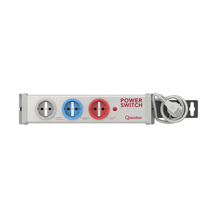 Abbildung einer Quooker Power Switch Steckdosenleiste mit drei unterschiedlich farbigen Steckdosen und Netzkabel
