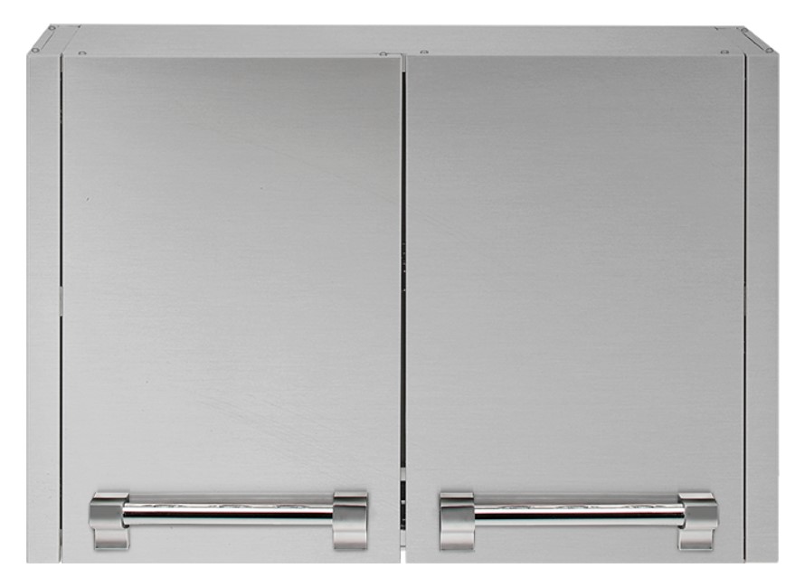 Zwei glänzende Edelstahltüren mit robusten Griffen, geeignet für den Einbau in Außenküchen oder Grillstationen