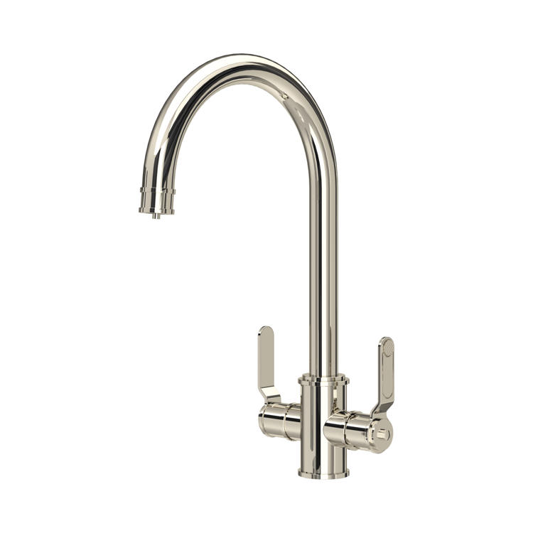 Hochwertige Zweigriff-Küchenarmatur mit hohem, drehbarem U-Auslauf aus poliertem Metall; Mischbatterie für Spülbecken in eleganter Chrom/Nickel-Optik