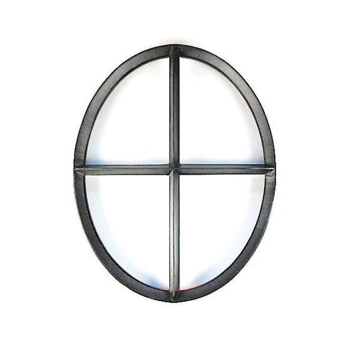 Schwarzes ovales Metall-Fensterkreuz mit vier Feldern, geeignet als moderne Wand- oder Fensterdekoration