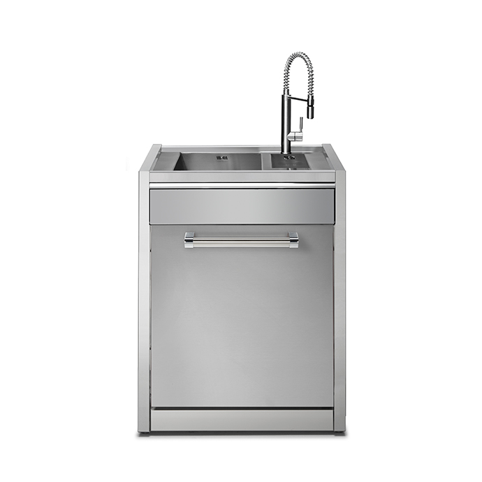 Freistehende Edelstahl-Spüle mit Unterschrank, Einzelbecken und flexiblem Wasserhahn, ideal für moderne Küchen oder Außenbereiche