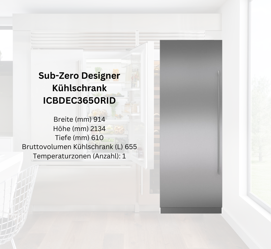 Moderner Sub-Zero Designer Kühlschrank Modell ICBDEC3650RID in Edelstahloptik mit geöffnetem Türbereich, Küchenhintergrund, 914 mm breit, 2134 mm hoch, 1 Temperaturzone