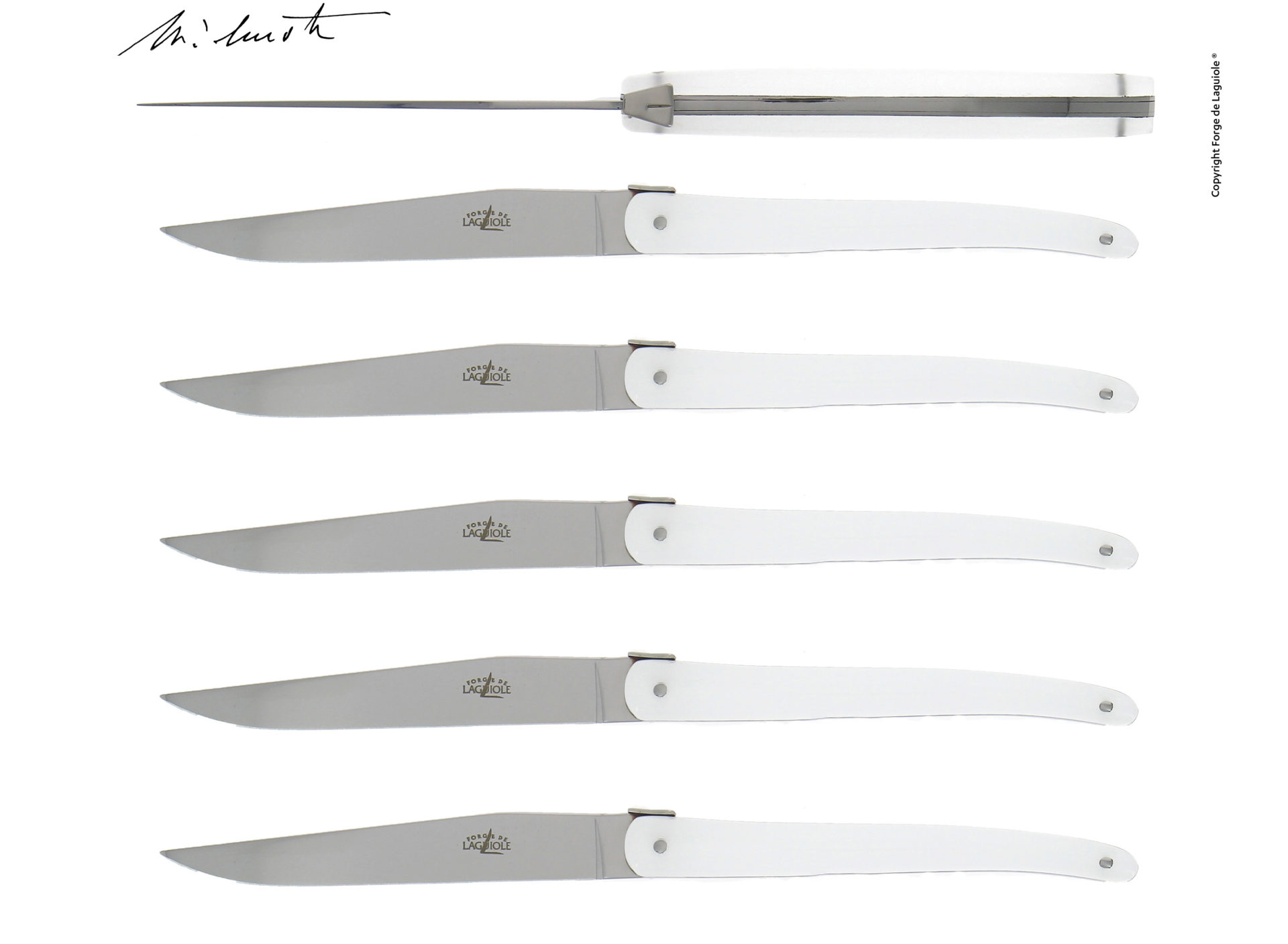 Sechs elegante Steakmesser von Laguiole mit weißen Griffen in einer Reihe angeordnet, Ansicht von der Seite und von oben