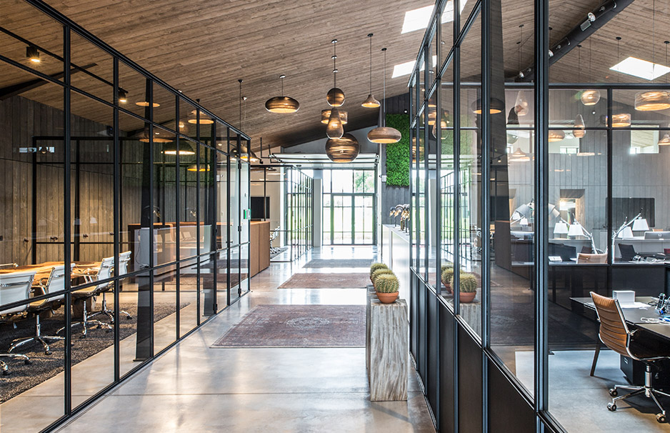 Großzügiges, modernes Büro mit Glaswänden, eleganter Beleuchtung, Teppichen und Pflanzen