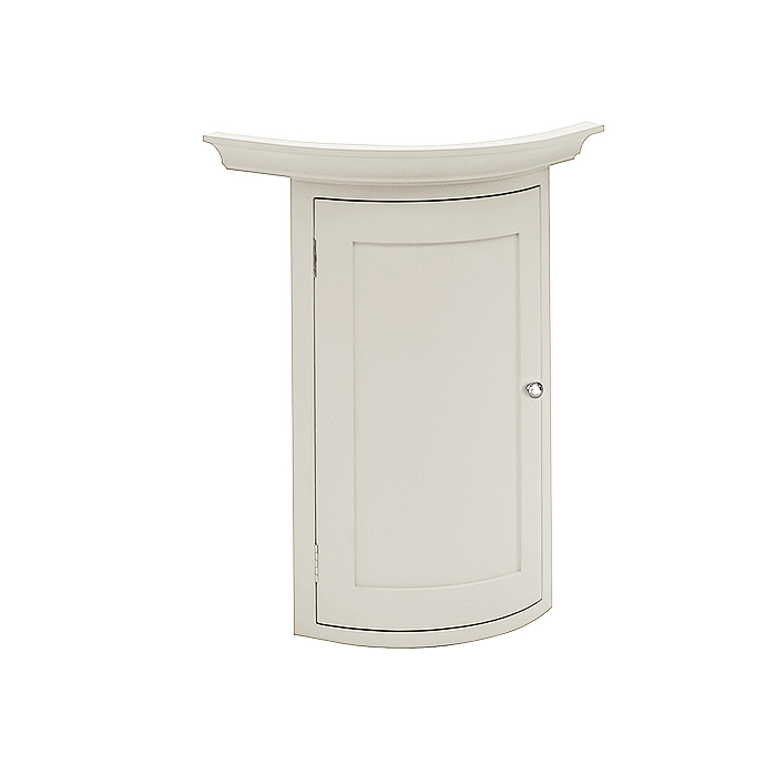 Abgebildet ist ein weißer Badezimmerschrank zur Wandmontage mit einer gewölbten Tür und elegantem Griff.