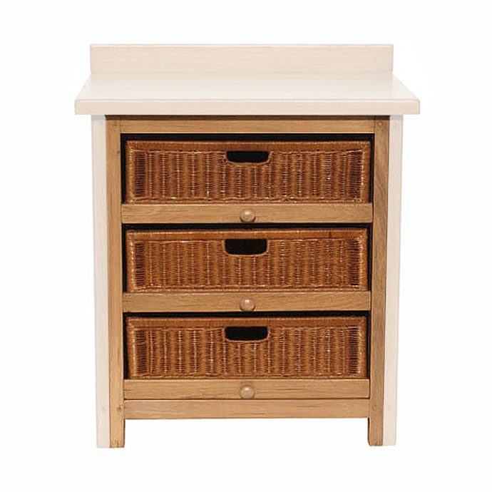 Holzkommode mit drei geflochtenen Körbchenschubladen, geeignet als praktisches Sideboard für verschiedene Wohnbereiche
