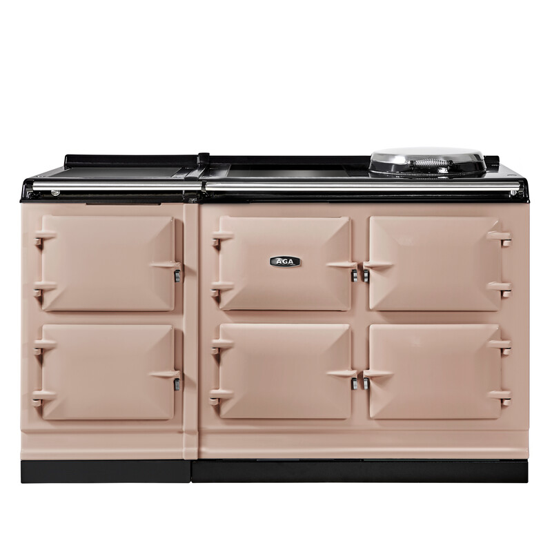 Klassischer AGA Herd in creme-rosa Farbe mit vier Türen und Kochplatten, ideal für große Küchen