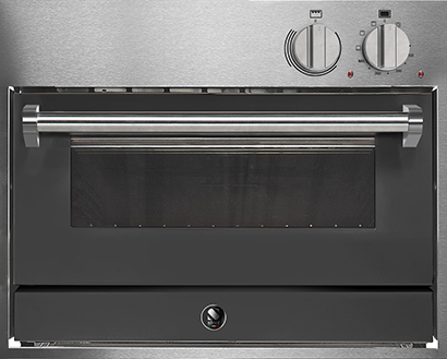 Moderner Einbau-Backofen aus Edelstahl mit großer Glastür und zwei Bedienknöpfen