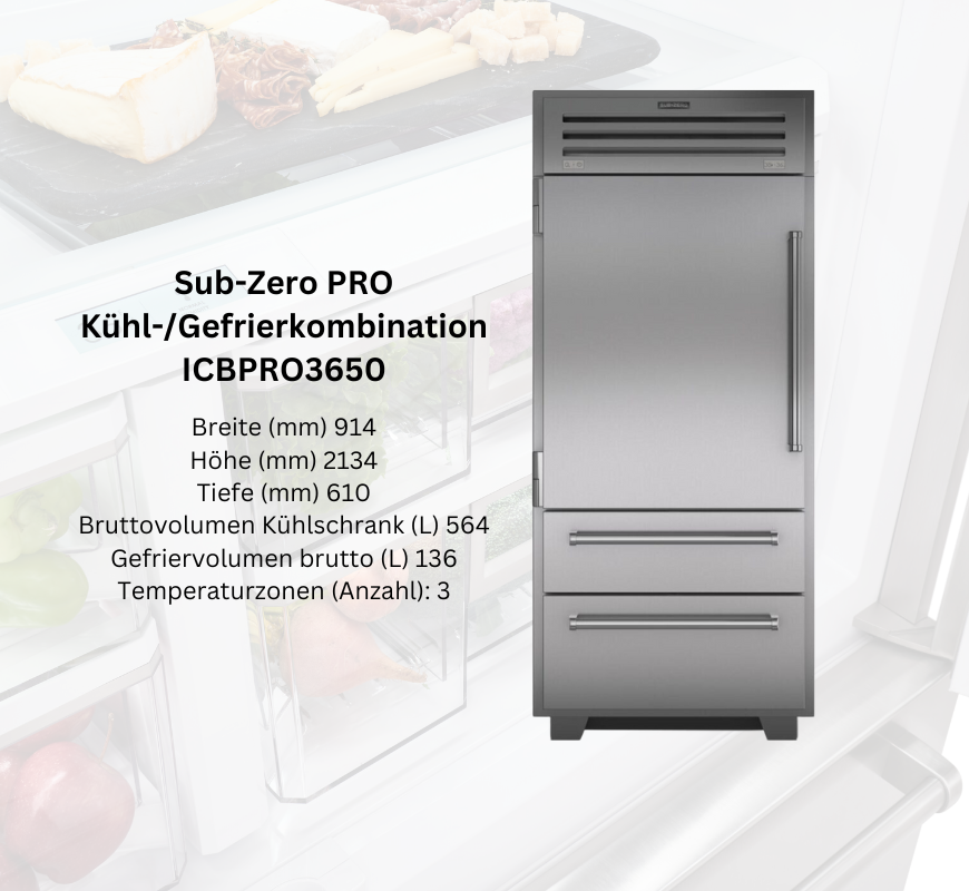 Sub-Zero PRO ICBPRO3650 Kühl-/Gefrierkombination aus Edelstahl mit großem Fassungsvermögen, zwei Gefrierschubladen und mehreren Temperaturzonen, freistehend dargestellt.