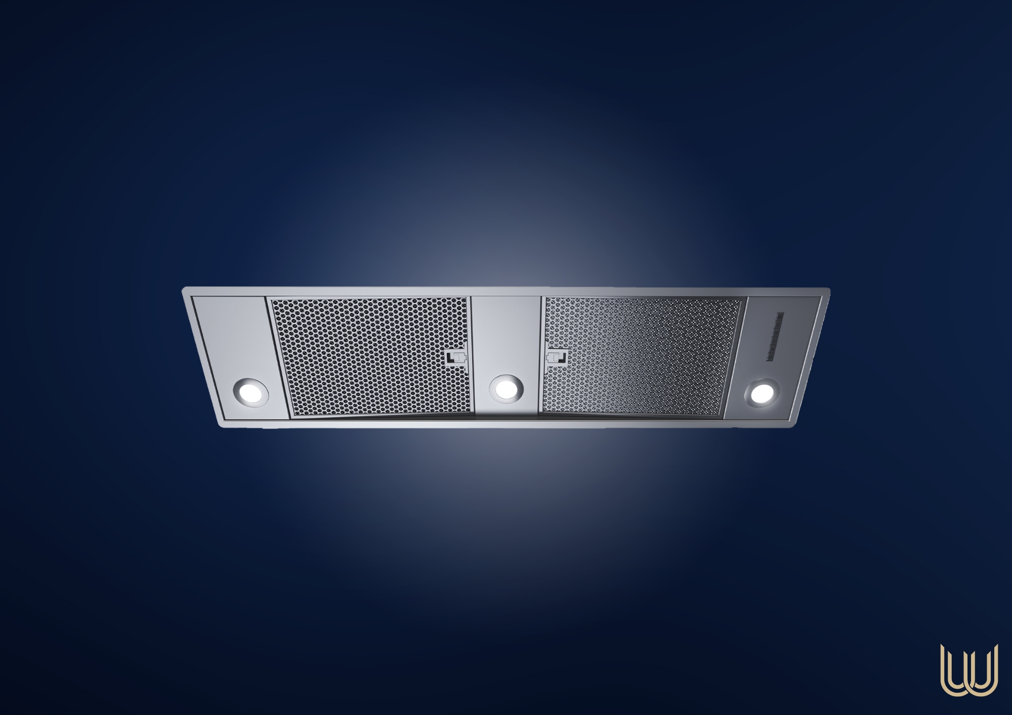 Abbildung einer modernen Einbau-Dunstabzugshaube aus Edelstahl mit zwei LED-Leuchten und Metall-Fettfiltern, von unten betrachtet