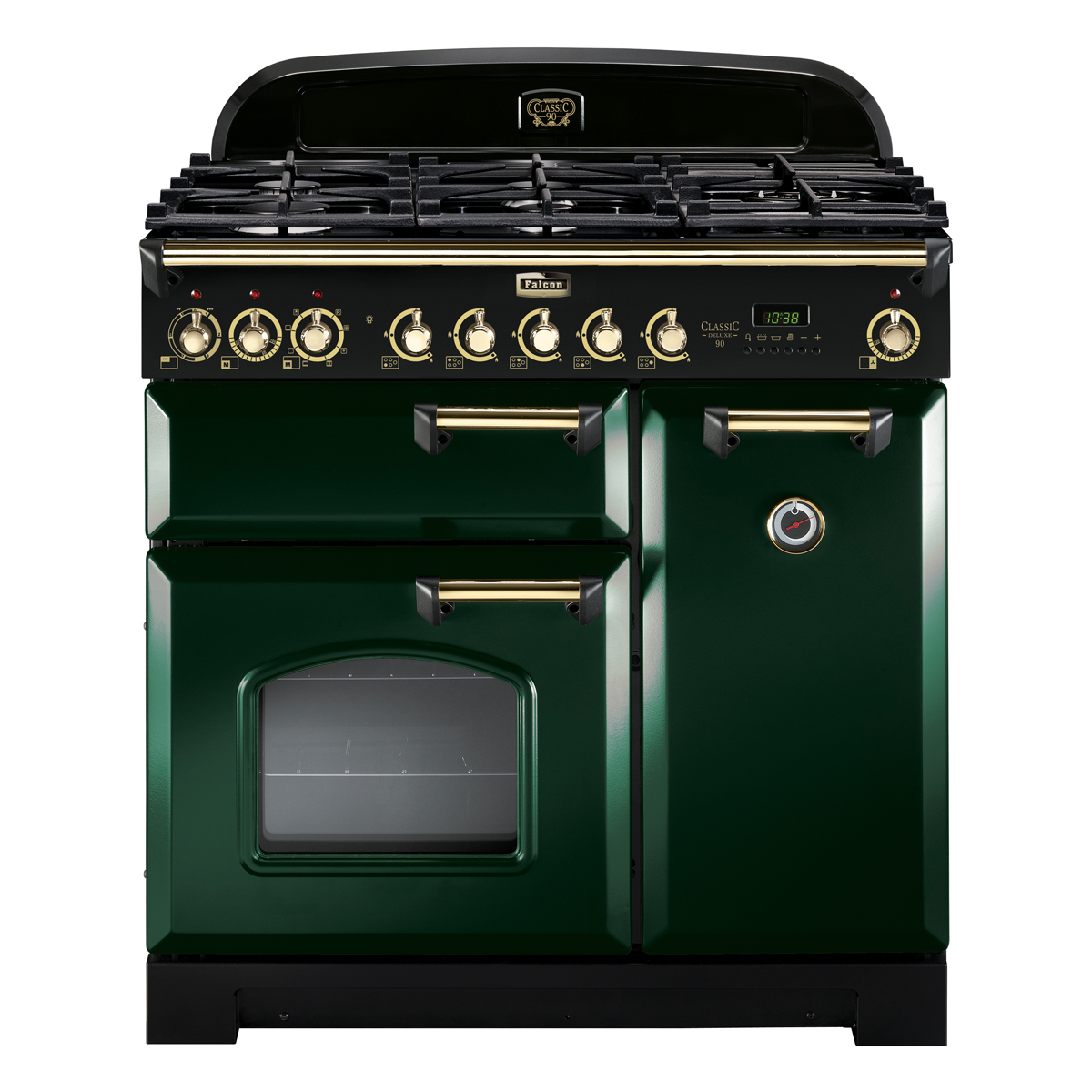Grüner Falcon Classic Deluxe 90 cm Gasherd mit mehreren Backöfen und eleganten goldfarbenen Bedienelementen