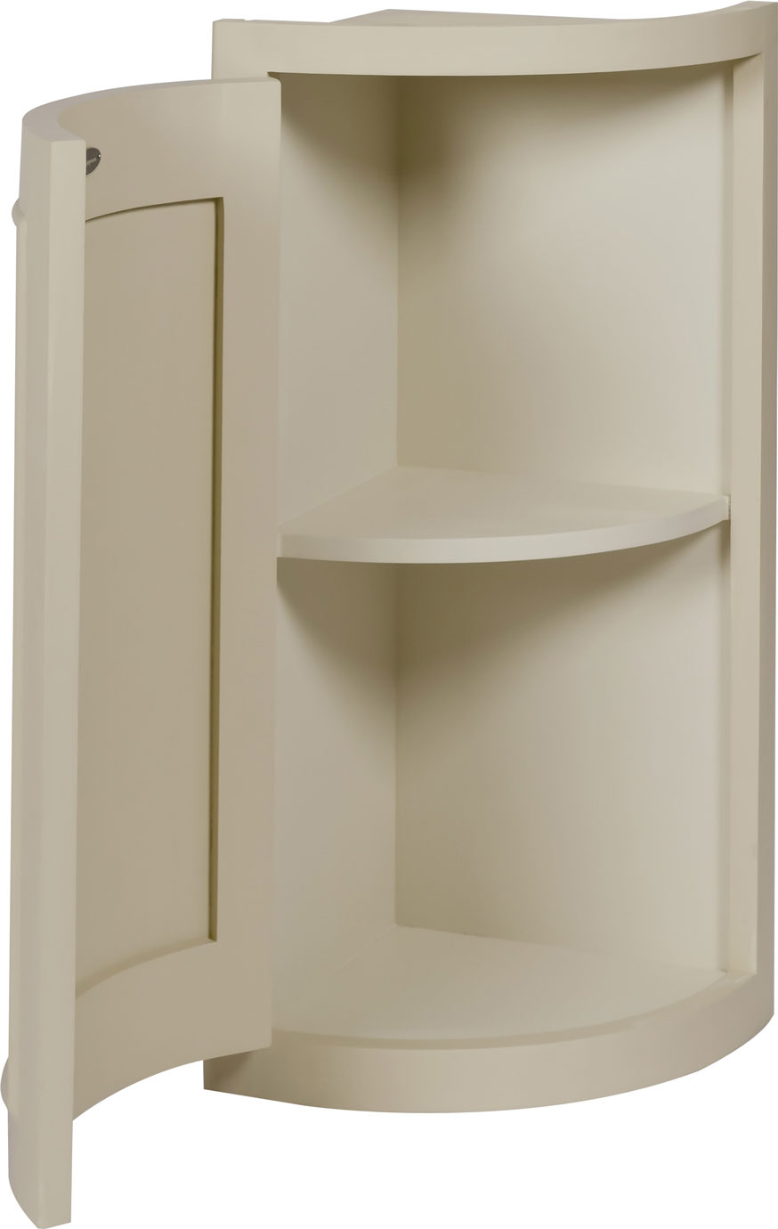 Eckschrank in Cremefarbe mit einer offenen Tür und einer Innenablage, ideal für die platzsparende Aufbewahrung in Ecken