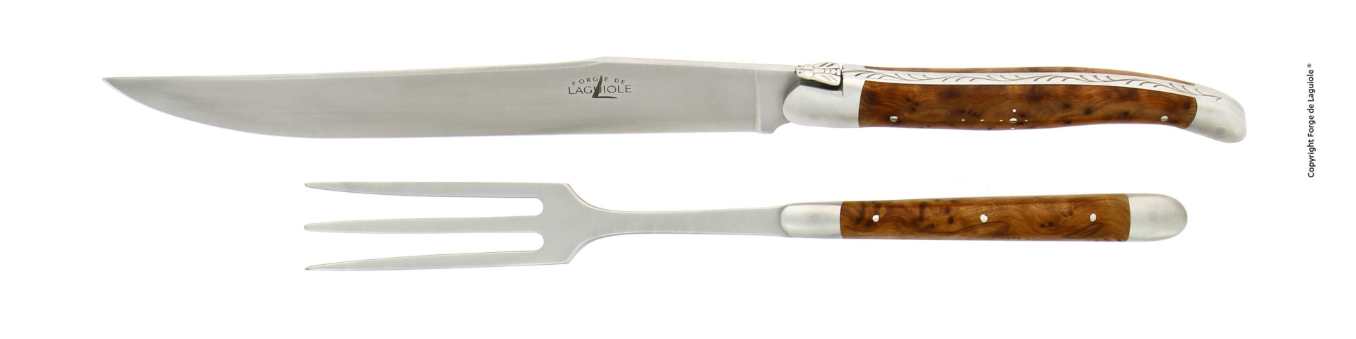 Tranchierbesteck Set bestehend aus einem Messer und einer Fleischgabel von Forge de Laguiole, beide mit hochwertigem Holzgriff und Edelstahlklinge