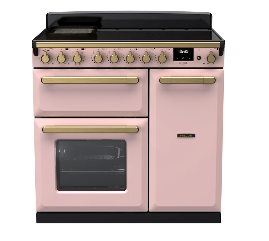 Rosa Standherd im Retro-Design mit goldenen Griffen, digitaler Anzeige und mehreren Backofenfächern von Falcon