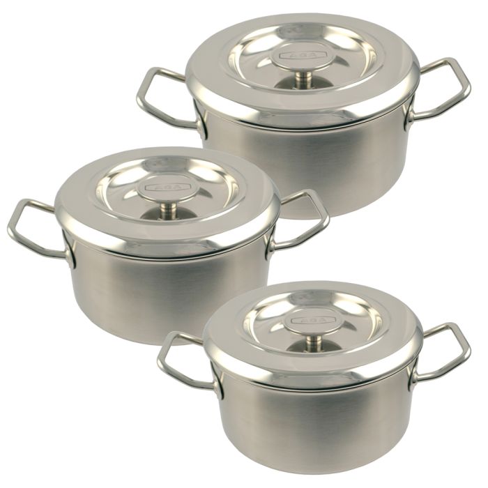 Dreiteiliges Kochtopf-Set aus Edelstahl mit Deckeln und seitlichen Griffen, ideal für das Zubereiten verschiedener Speisen