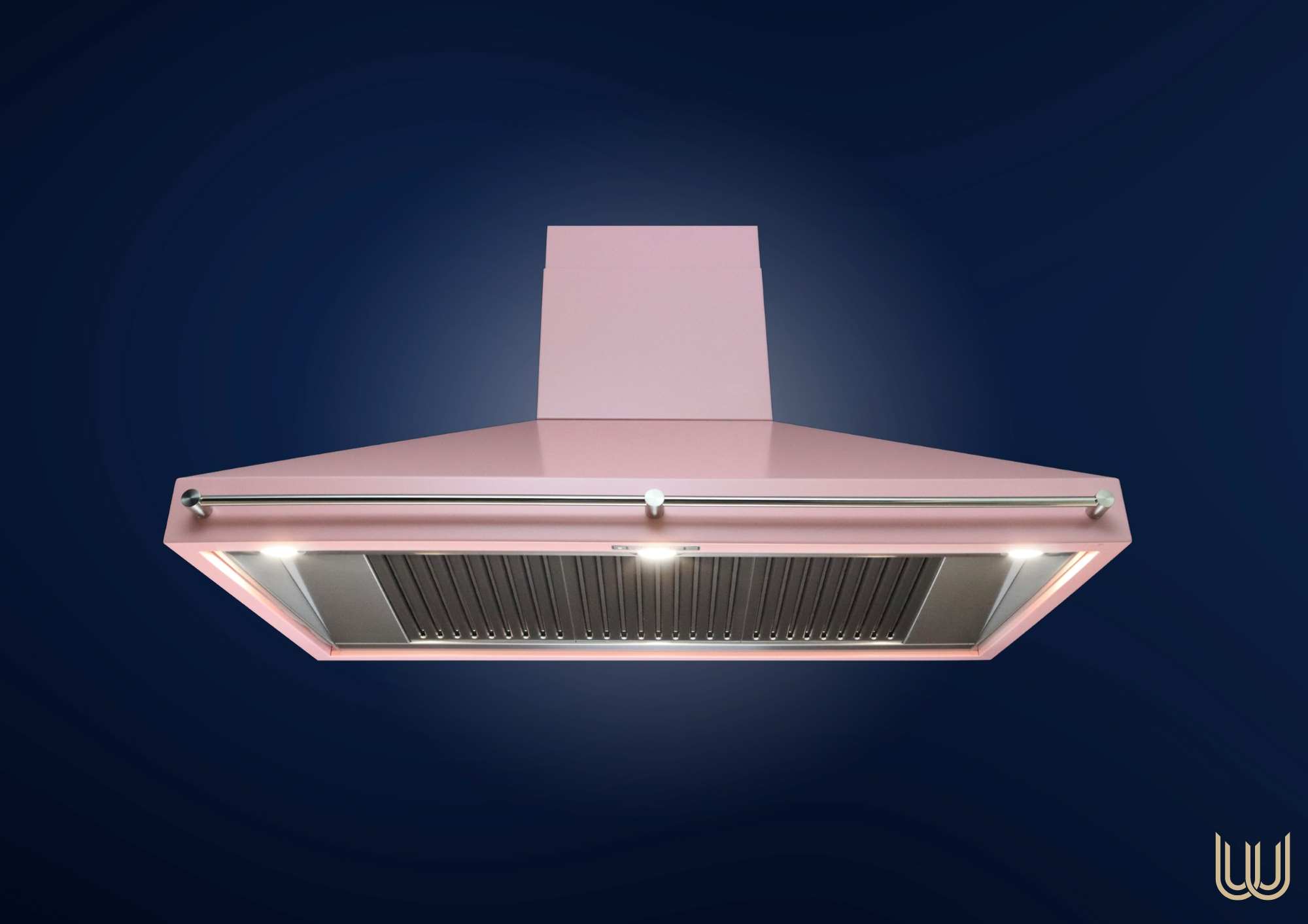 Stylische rosafarbene Dunstabzugshaube mit Edelstahlfilter und LED-Beleuchtung, ideal für jede moderne Küche