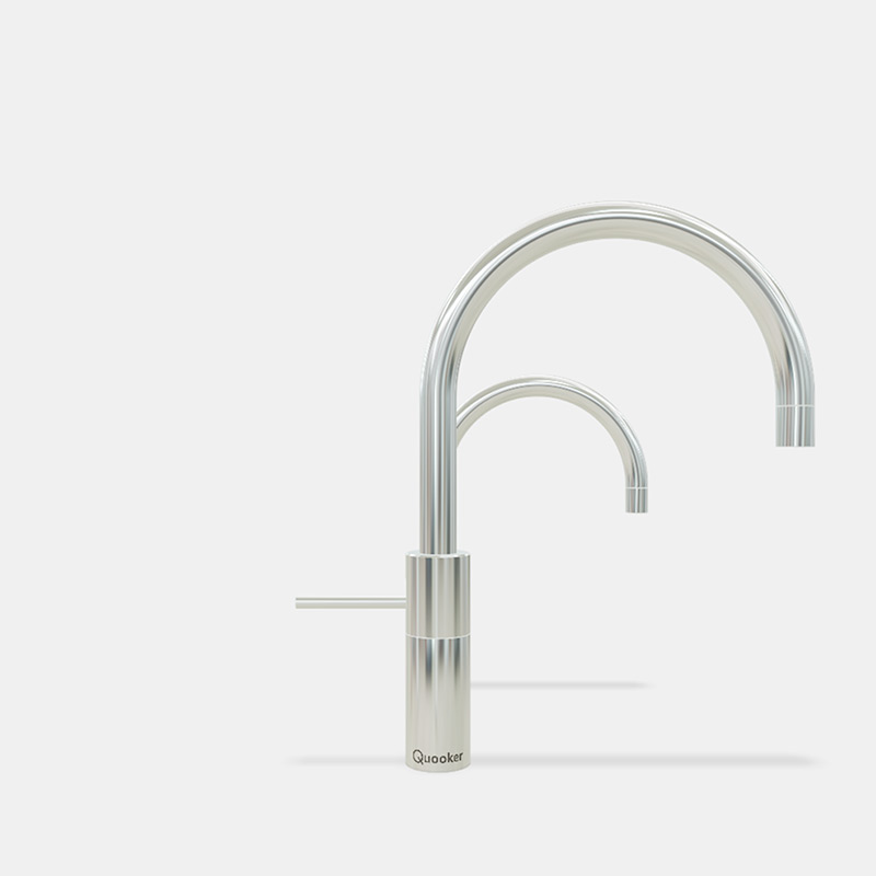 Moderner Quooker Wasserhahn aus Edelstahl mit zwei gebogenen Ausläufen für die Küche