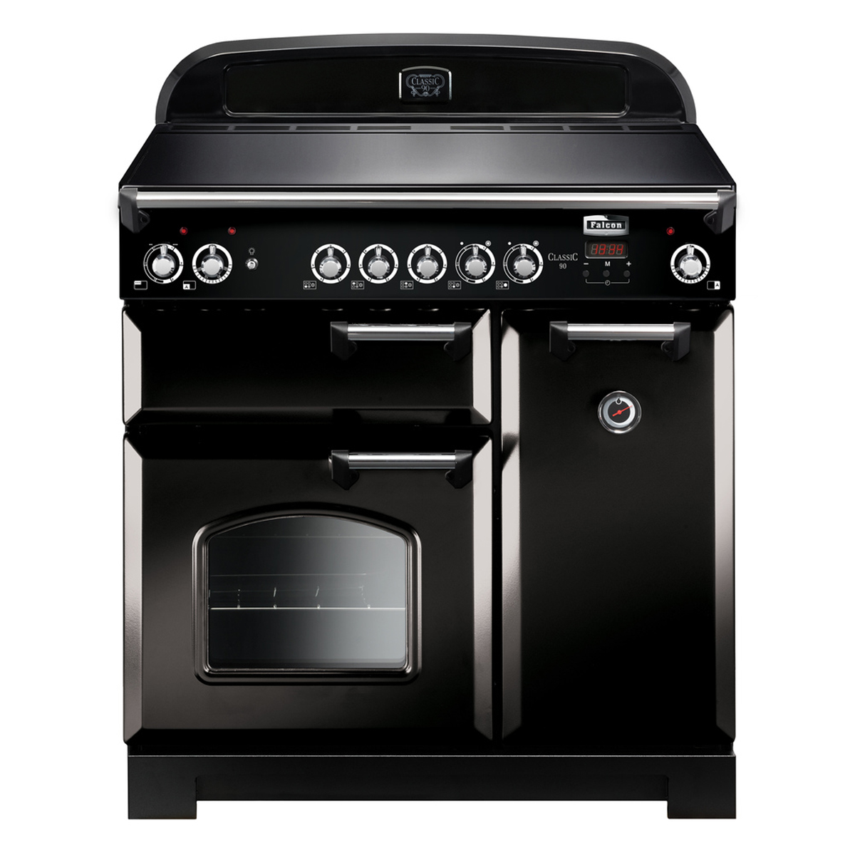 Schwarzer Falcon Classic 90 Standherd mit zwei Backöfen, separatem Grill und Bedienknöpfen