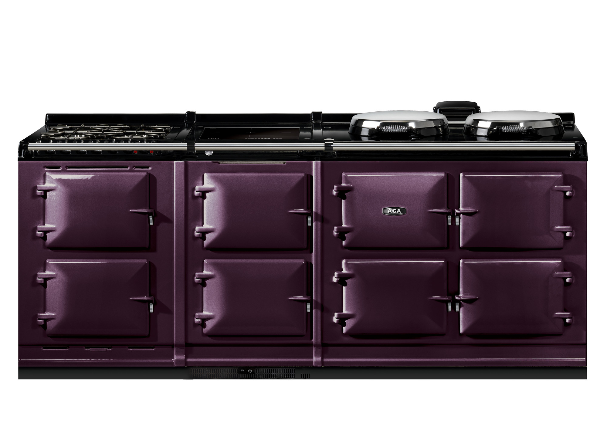 Großer AGA Herd in Aubergine mit sechs Backofenfächern und Gas-Kochfeld, ideal für anspruchsvolle Küchen
