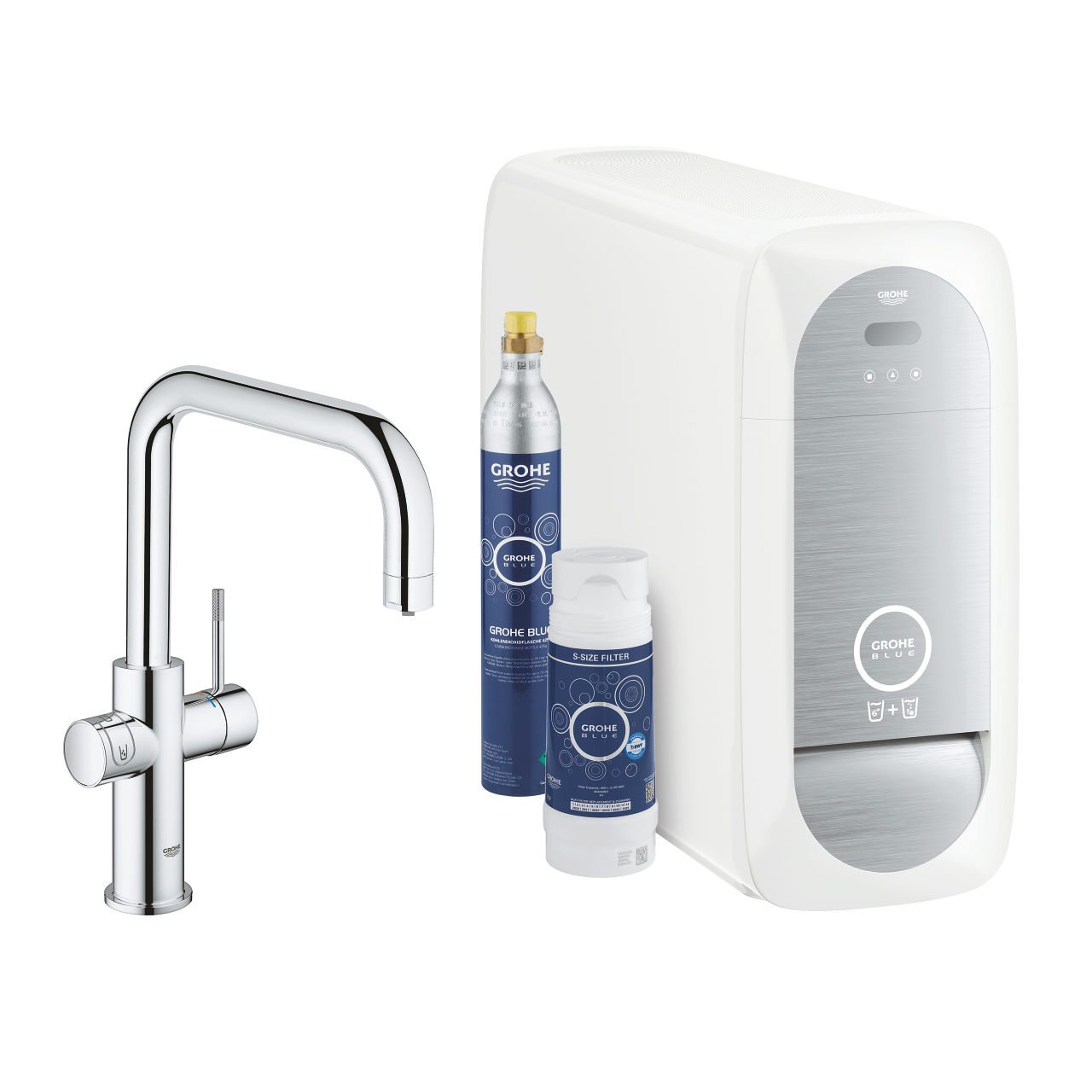 GROHE Blue Startset: Chrom-Armatur, CO2-Zylinder und Filter für frisches, gefiltertes und sprudelndes Trinkwasser aus der Küche